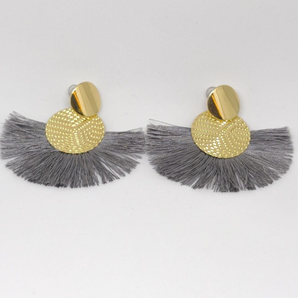 BOHEM GOLD DETAYLI GRİ PÜSKÜLLÜ KÜPE