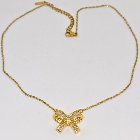 ELEGANT PASLANMAZ ÇELİK  BAGET TAŞLI  FİYONK TASARIMLI GOLD  KOLYE