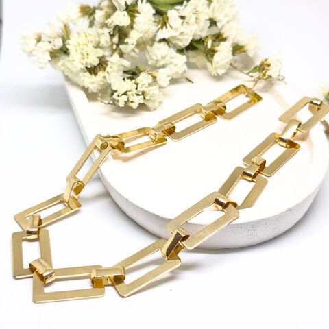 ELEGANT 14K ALTIN KAPLAMA DİKDÖRTGEN ŞEKİLLİ GOLD KOLYE