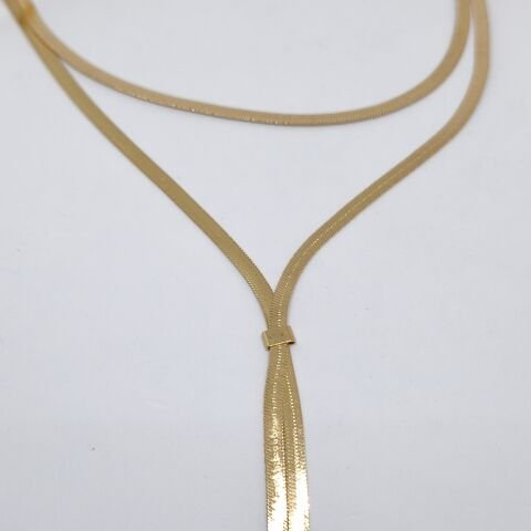 Y ŞEKLİNDE ,ÇİFT KATLI, YILAN KEMİĞİ DESENLİ UZUN GOLD  KOLYE
