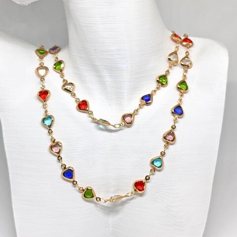 RENKLİ  KALP TAŞLI GOLD ZİNCİR KOLYE