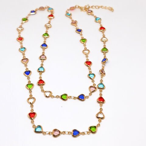 RENKLİ  KALP TAŞLI GOLD ZİNCİR KOLYE