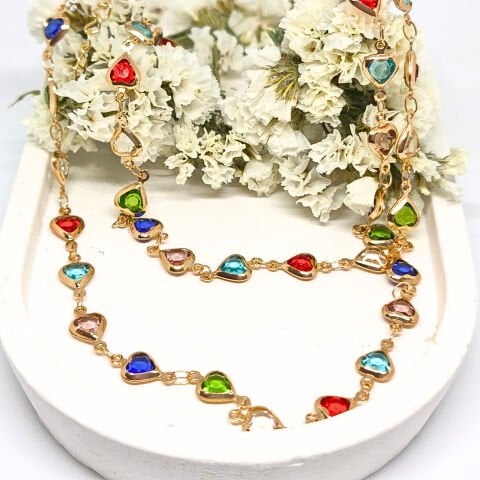 RENKLİ  KALP TAŞLI GOLD ZİNCİR KOLYE