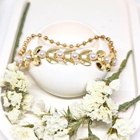 14K ALTIN KAPLAMA 2 LİK İNCİLİ BUĞDAY ŞEKİLLİ ve BONCUKLU  GOLD BİLEKLİK