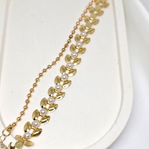 14K ALTIN KAPLAMA 2 LİK İNCİLİ BUĞDAY ŞEKİLLİ ve BONCUKLU  GOLD BİLEKLİK