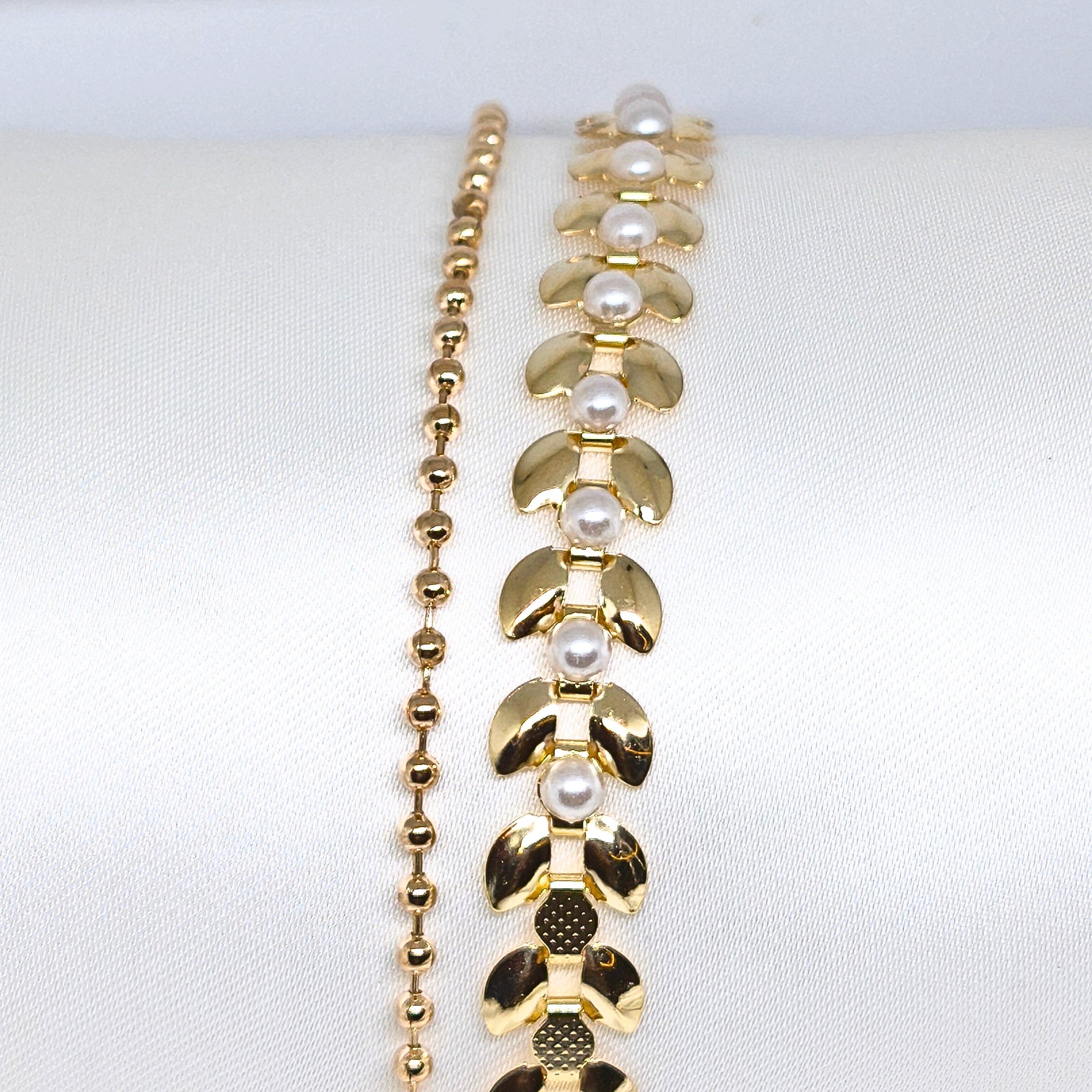 14K ALTIN KAPLAMA 2 LİK İNCİLİ BUĞDAY ŞEKİLLİ ve BONCUKLU  GOLD BİLEKLİK