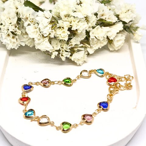 RENKLİ  KALP TAŞLI GOLD ZİNCİR BİLEKLİK