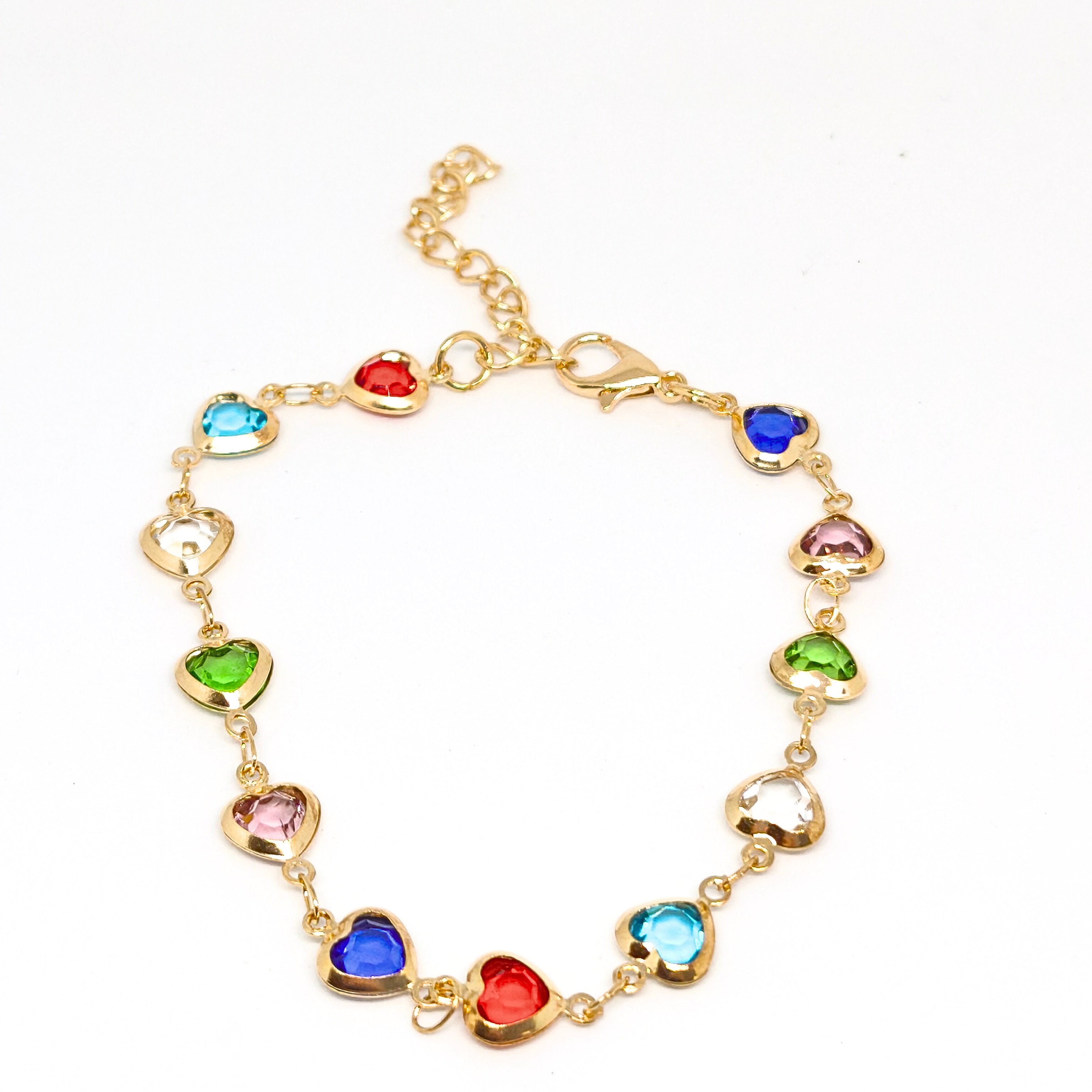 RENKLİ  KALP TAŞLI GOLD ZİNCİR BİLEKLİK