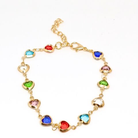 RENKLİ  KALP TAŞLI GOLD ZİNCİR BİLEKLİK