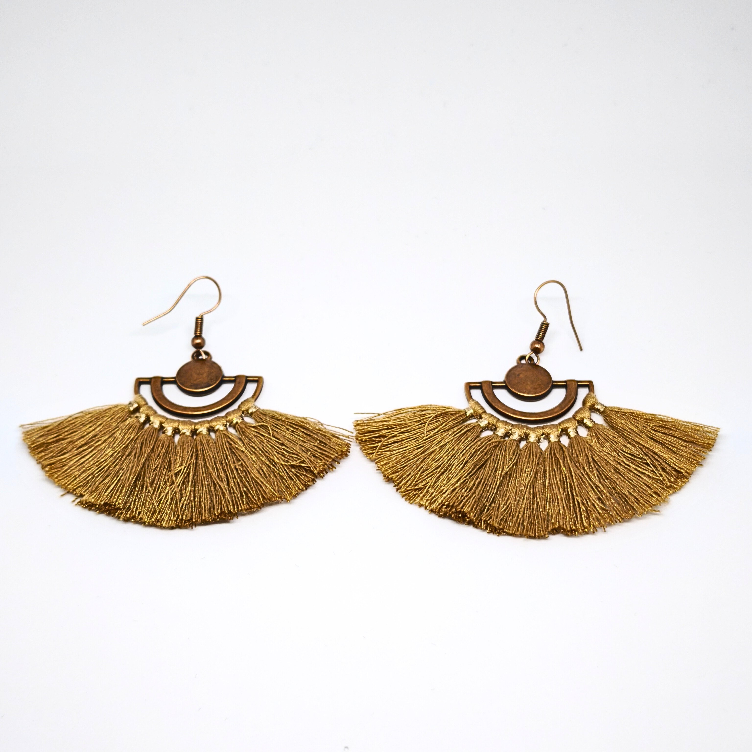 BOHEM,ANTİKA BRONZ  , PÜSKÜLLÜ  YELPAZE  KÜPE