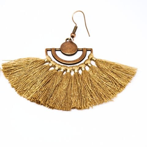 BOHEM,ANTİKA BRONZ  , PÜSKÜLLÜ  YELPAZE  KÜPE