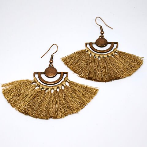 BOHEM,ANTİKA BRONZ  , PÜSKÜLLÜ  YELPAZE  KÜPE