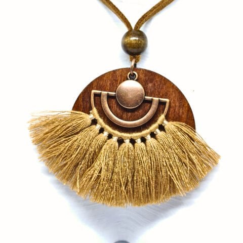 BOHEM,ANTİKA BRONZ PÜSKÜLLÜ  YELPAZE UÇLU DERİ İPLİ KOLYE