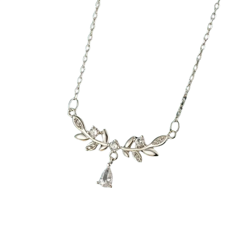 ELEGANT 925 AYAR GÜMÜŞ YAPRAK DESENLİ, SU DAMLASI  TAŞLI KOLYE