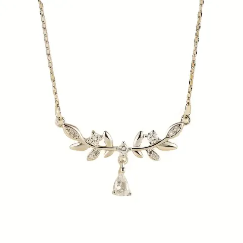 ELEGANT 925 AYAR GÜMÜŞ YAPRAK DESENLİ, SU DAMLASI  TAŞLI KOLYE