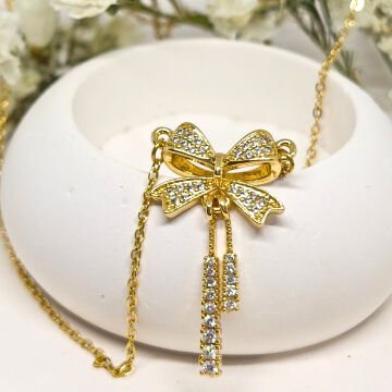 ELEGANT PASLANMAZ ÇELİK  TAŞLI  FİYONK TASARIMLI GOLD KOLYE