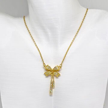 ELEGANT PASLANMAZ ÇELİK  TAŞLI  FİYONK TASARIMLI GOLD KOLYE