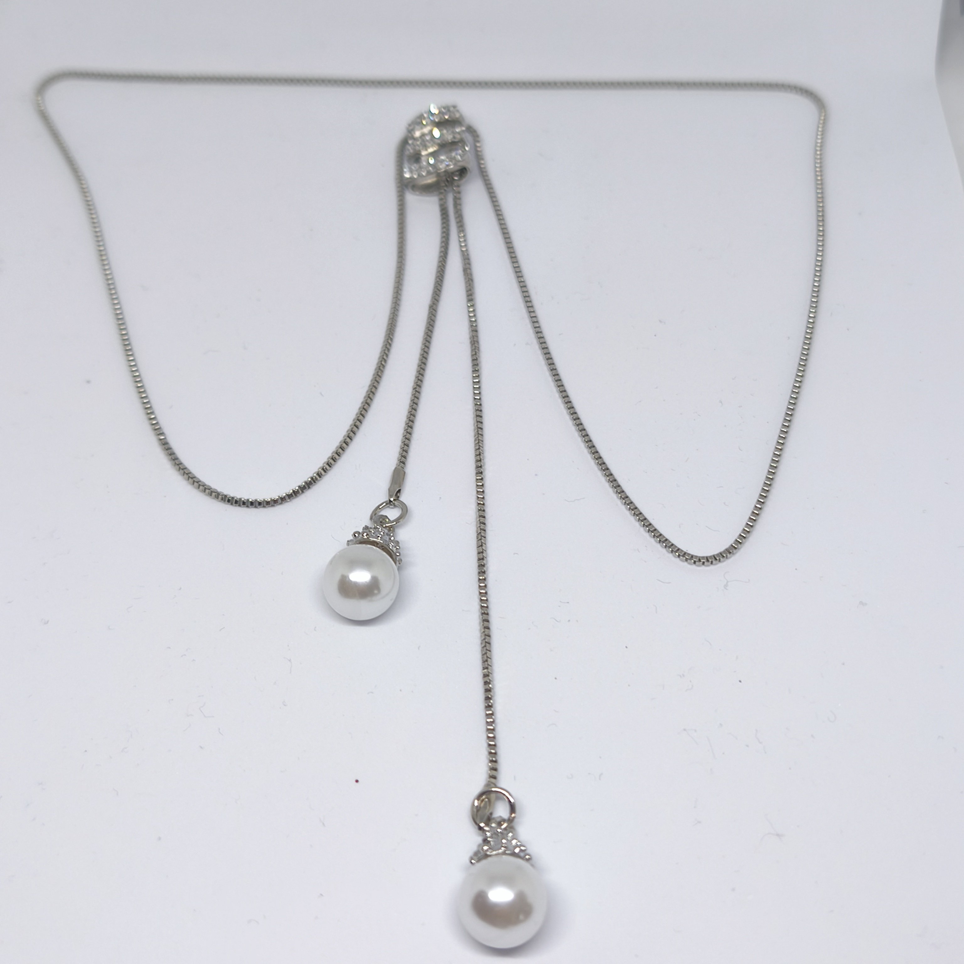 Şık Uzun Kazak Zinciri Kolye Üçlü & Yapay Kristal Pandantif, Bakır Alaşımlı ,İncili Kolye