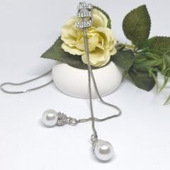 Şık Uzun Kazak Zinciri Kolye Üçlü & Yapay Kristal Pandantif, Bakır Alaşımlı ,İncili Kolye