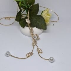 Şık Uzun Kazak Zinciri  Minimalist Yaprak Desenli Katmanlı Zincir,İnci Detaylı Gold Kolye