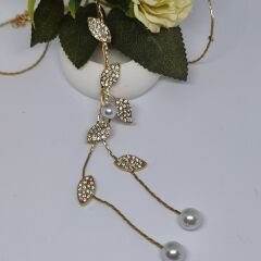 Şık Uzun Kazak Zinciri  Minimalist Yaprak Desenli Katmanlı Zincir,İnci Detaylı Gold Kolye