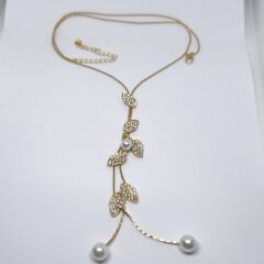 Şık Uzun Kazak Zinciri  Minimalist Yaprak Desenli Katmanlı Zincir,İnci Detaylı Gold Kolye