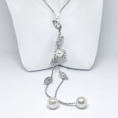 Şık Uzun Kazak Zinciri  Minimalist Yaprak Desenli Katmanlı Zincir,İnci Detaylı Gümüş Rengi Kolye