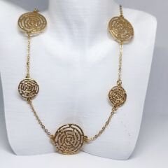 Şık Örümcek Ağı Kesimli Büyük ve Küçük Yuvarlak Halka Bağlantılı Gold Kolye