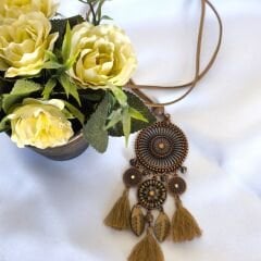 Bohem  Kahverengi Serisi Yuvarlak Çift Zincirli Kumaş Püskül Yaprak Uzun Kolye