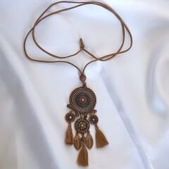 Bohem  Kahverengi Serisi Yuvarlak Çift Zincirli Kumaş Püskül Yaprak Uzun Kolye