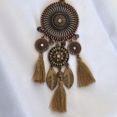 Bohem  Kahverengi Serisi Yuvarlak Çift Zincirli Kumaş Püskül Yaprak Uzun Kolye