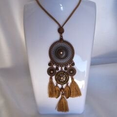 Bohem  Kahverengi Serisi Yuvarlak Çift Zincirli Kumaş Püskül Yaprak Uzun Kolye