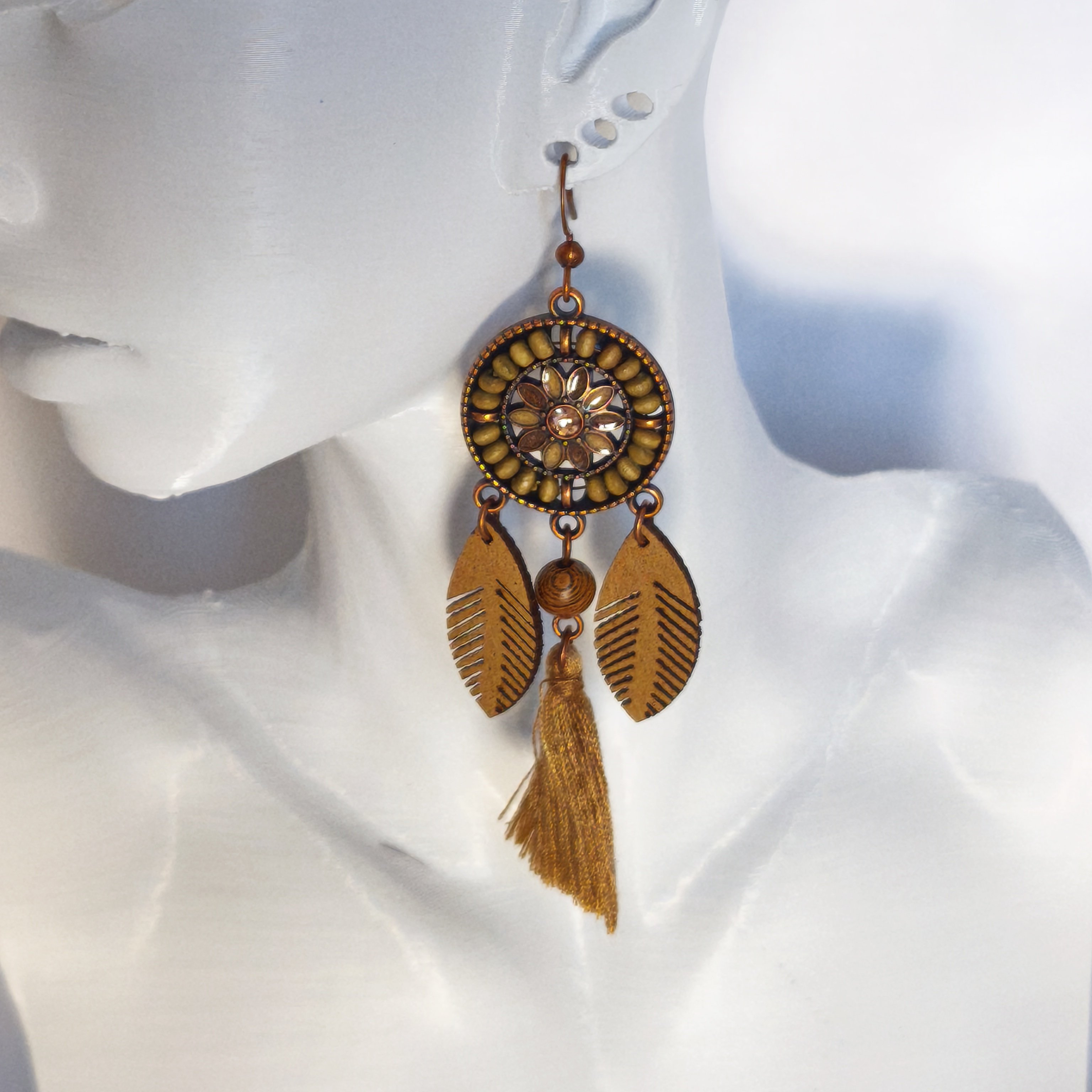 Bohem  Kahverengi Serisi Yuvarlak Çift Zincirli Kumaş Püskül Yaprak Uzun Küpe