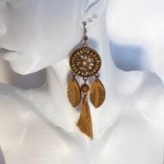 Bohem  Kahverengi Serisi Yuvarlak Çift Zincirli Kumaş Püskül Yaprak Uzun Küpe