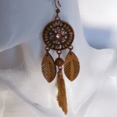 Bohem  Kahverengi Serisi Yuvarlak Çift Zincirli Kumaş Püskül Yaprak Uzun Küpe