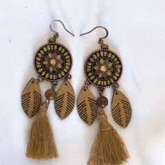 Bohem  Kahverengi Serisi Yuvarlak Çift Zincirli Kumaş Püskül Yaprak Uzun Küpe