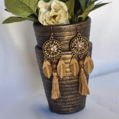 Bohem  Kahverengi Serisi Yuvarlak Çift Zincirli Kumaş Püskül Yaprak Uzun Küpe