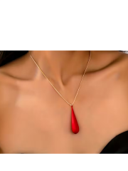 14K ALTIN KAPLAMA ZİNCİRLİ KIRMIZI DAMLA KOLYE
