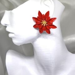 ORTASI GOLD DETAYLI KIRMIZI 2 KATLI ÇİÇEK KÜPE 3,5X3,5 CM