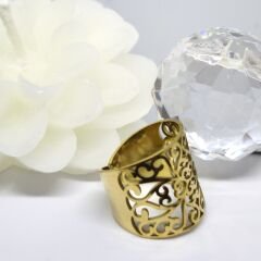 PASLANMAZ ÇELİK -ALTIN KAPLAMA OYMA DESENLİ  BOHEM AYARLANABİLİR KADIN YÜZÜK